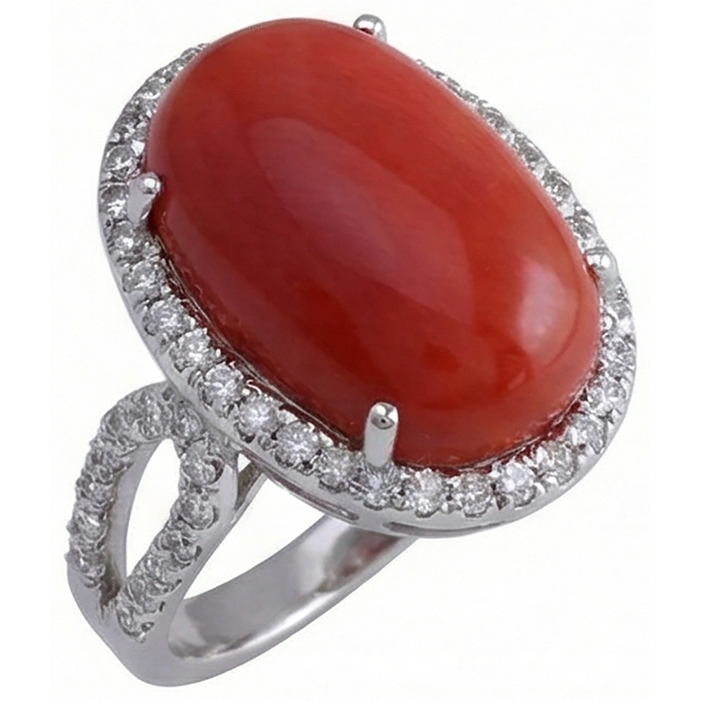 Solitär mit Akzent 13,75 ct Roter Koralle Und Diamanten Ring Neu
