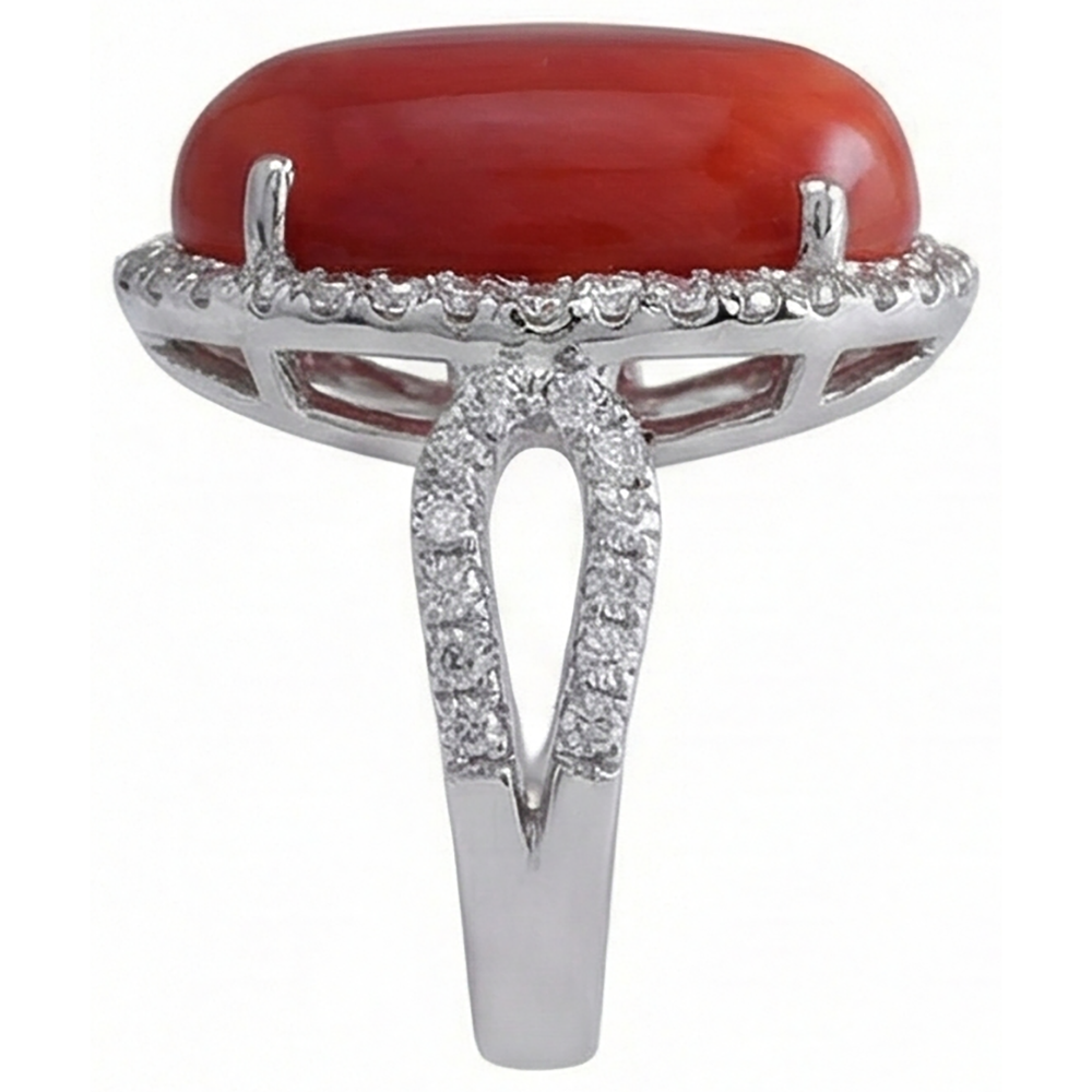 Solitär mit Akzent 13,75 ct Roter Koralle Und Diamanten Ring Neu