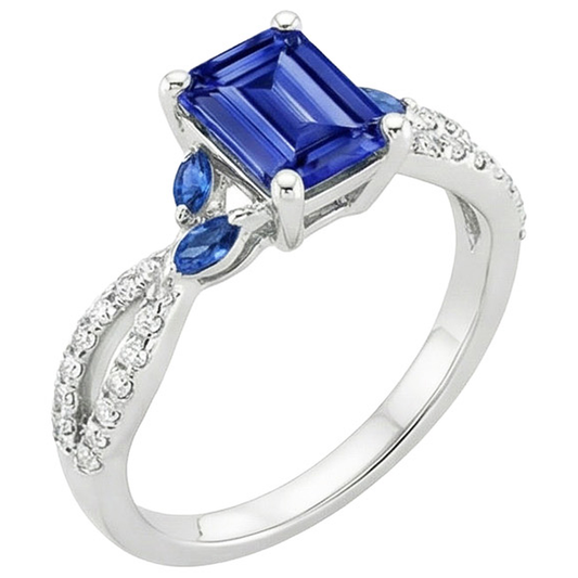 Solitär mit Akzenten Ring Smaragd & Marquise Blaue Saphire 4 Karat