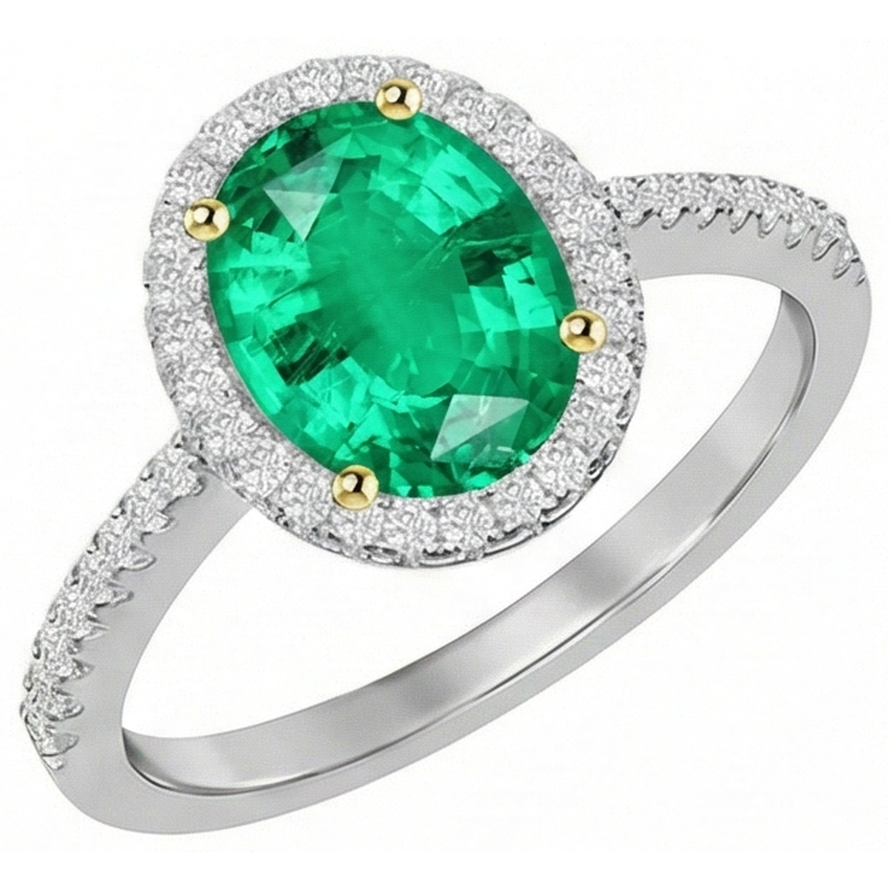 Edler Smaragd Oval-Schliff Edelstein-Ring in Zweifarbiges 14K Gold – Frontansicht