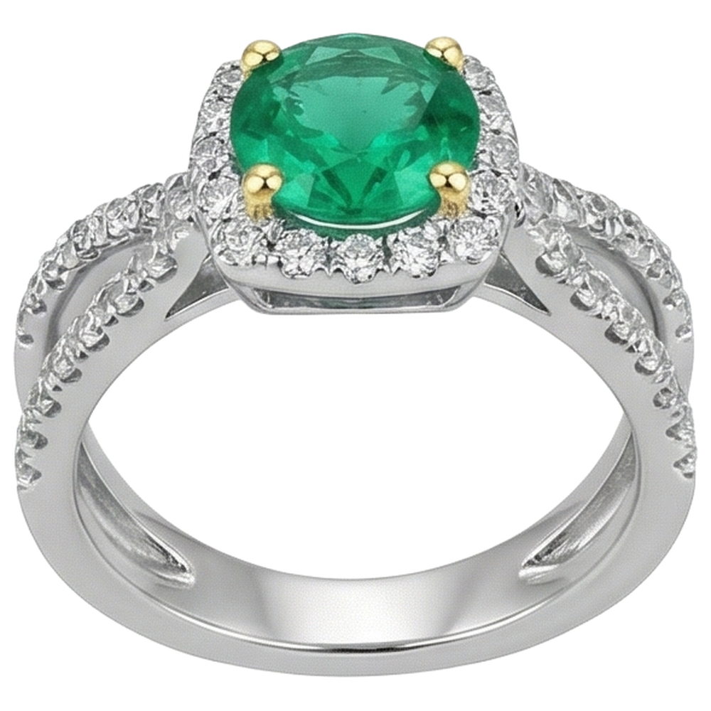 Kolumbianischer Smaragd Schmuckstein-Ring 2-Karat 14 Karat Zweifarbig Gold – Frontansicht