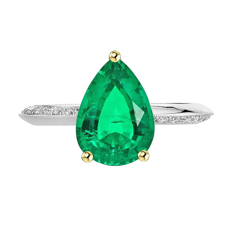 Kolumbianischer Smaragd Tropfen-Schliff Schmuckstein-Ring in Bicolor 14K Gold – Hauptansicht