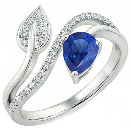 Toi et Moi Diamant Damenring Birne Blauer Saphir 4 Karat Blatt Stil