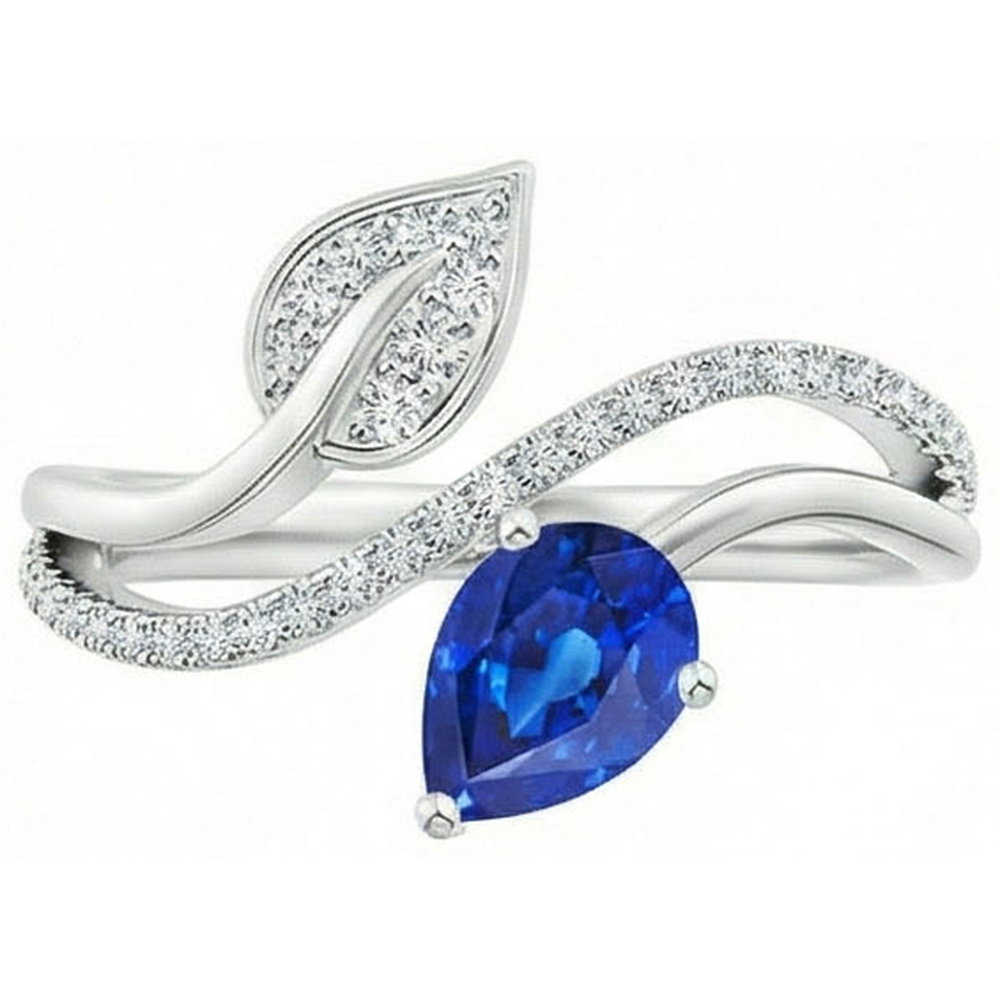 Toi et Moi Diamant Damenring Birne Blauer Saphir 4 Karat Blatt Stil