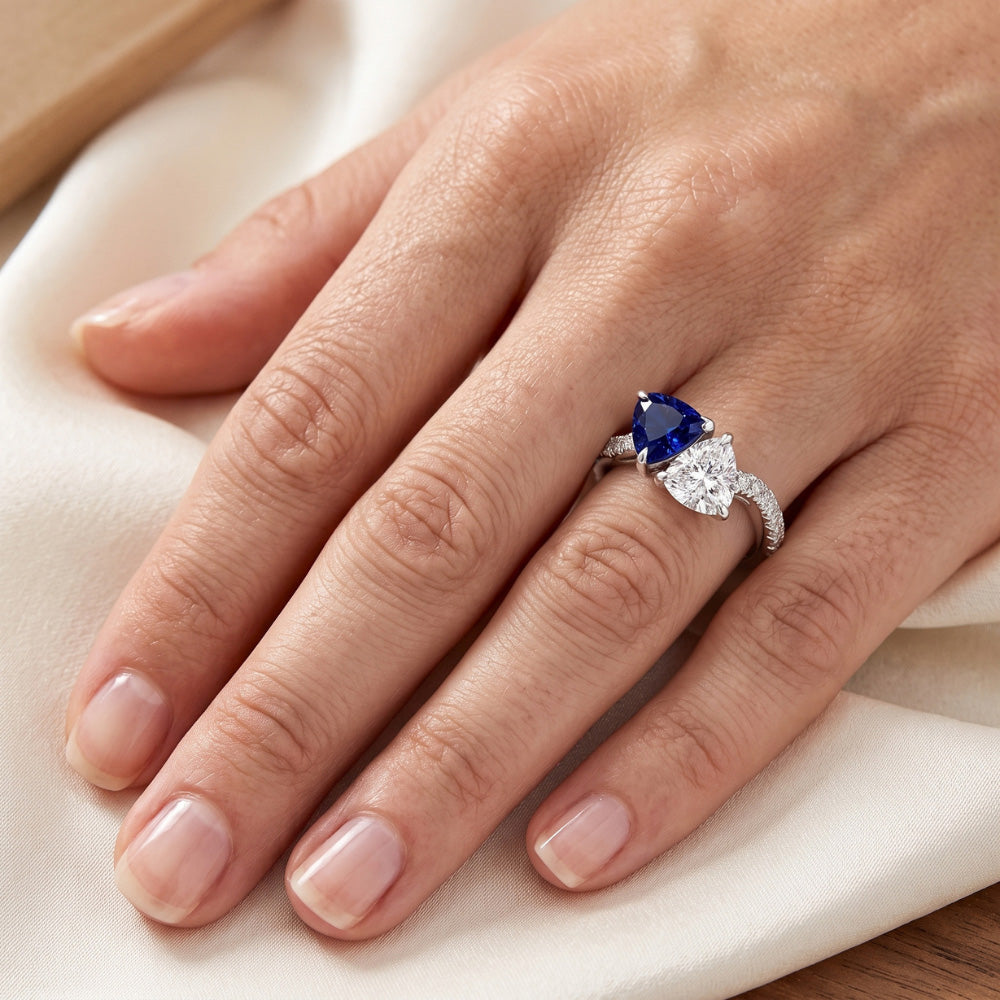 Toi et Moi Trillion Natürlicher Diamant ( nicht im Labor gezüchtet ) Saphir Ehering 2,50 Karat Gold 14K