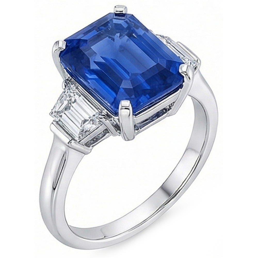 Trapezoid Natürlicher Diamant ( nicht im Labor gezüchtet ) 3 Steine Ring 3,50 Karat Smaragd Srilankan Saphir