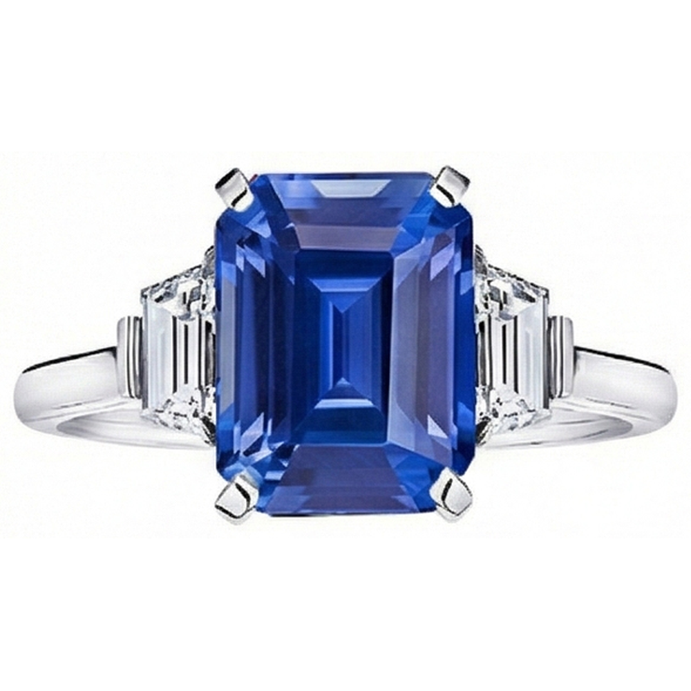 Trapezoid Natürlicher Diamant ( nicht im Labor gezüchtet ) 3 Steine Ring 3,50 Karat Smaragd Srilankan Saphir