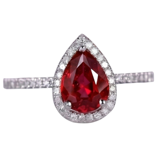Trauring mit rotem Rubin & Diamant im Birnenschliff Weißgold 14K 3,45 Karat