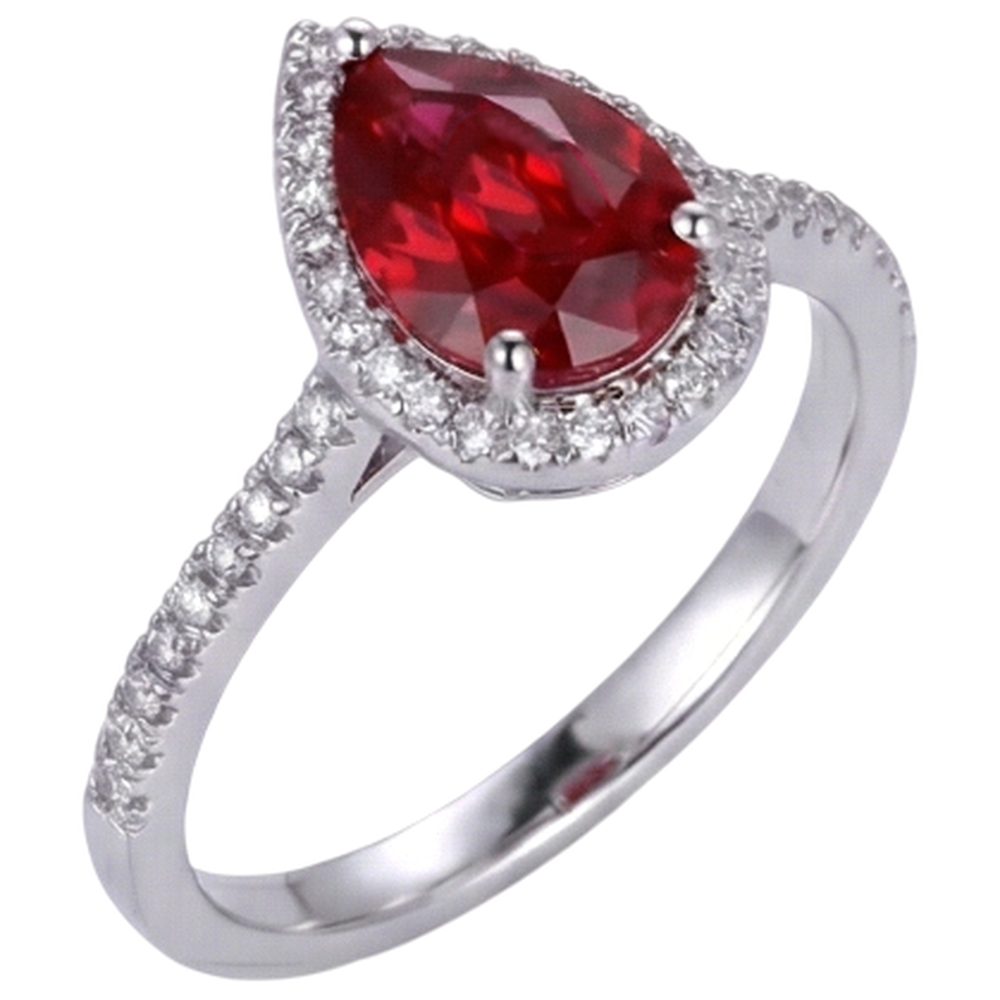 Trauring mit rotem Rubin & Diamant im Birnenschliff Weißgold 14K 3,45 Karat