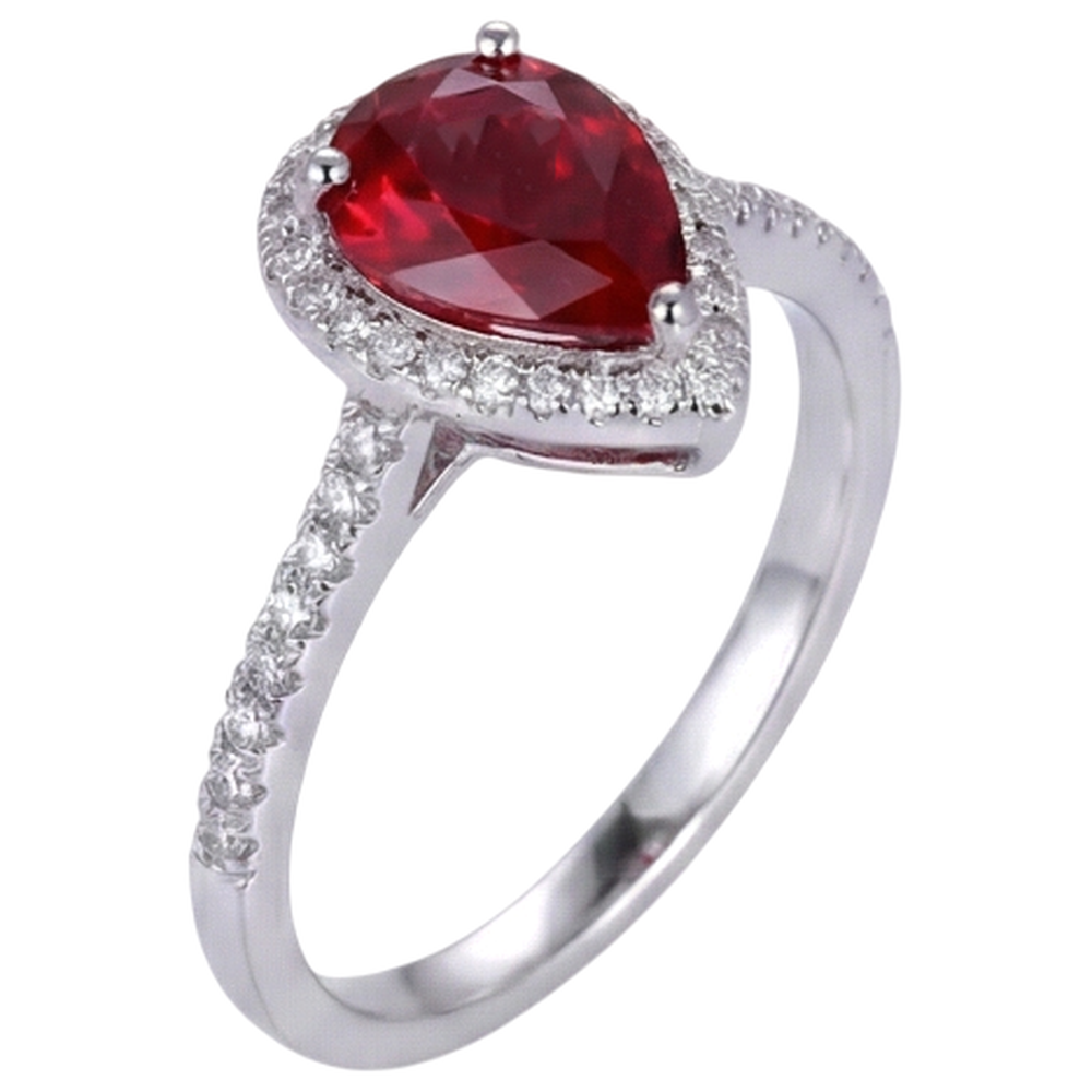 Trauring mit rotem Rubin & Diamant im Birnenschliff Weißgold 14K 3,45 Karat