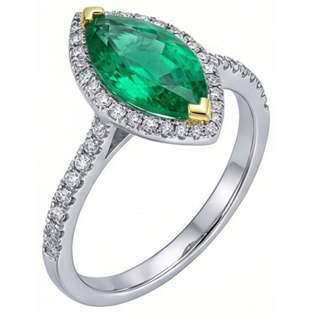 Marquise Kolumbianischer Smaragd Ring in Zweifarbiges 14K Gold – Frontansicht