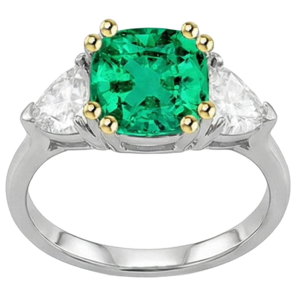 Smaragd Kissen-Schliff Schmuckstein-Ring in 14 Karat Zweifarbig Gold – Frontansicht