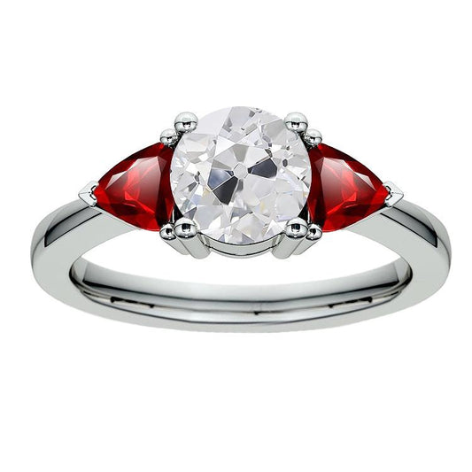 Trillion Ruby Three Stone Old Cut Runden Echt Diamant Ring 3,50 Karat