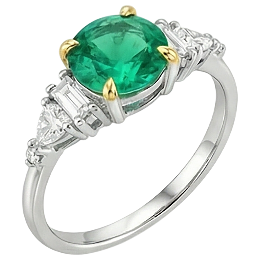 Edler Smaragd Rund-Brillant Edelstein-Ring in 14 Karat Zweifarbig Gold – Seitenansicht