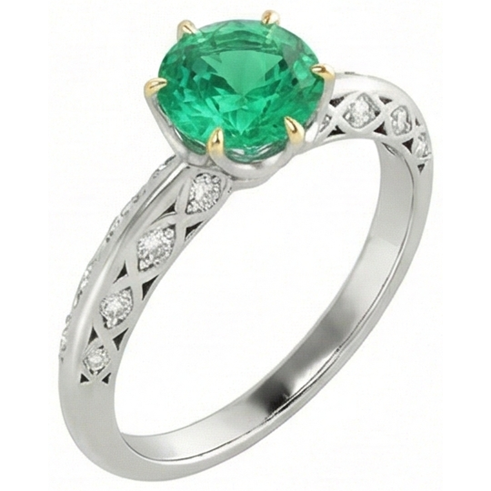Edler Smaragd Rund-Brillant Edelstein-Ring in Bicolor 14K Gold – Schrägansicht