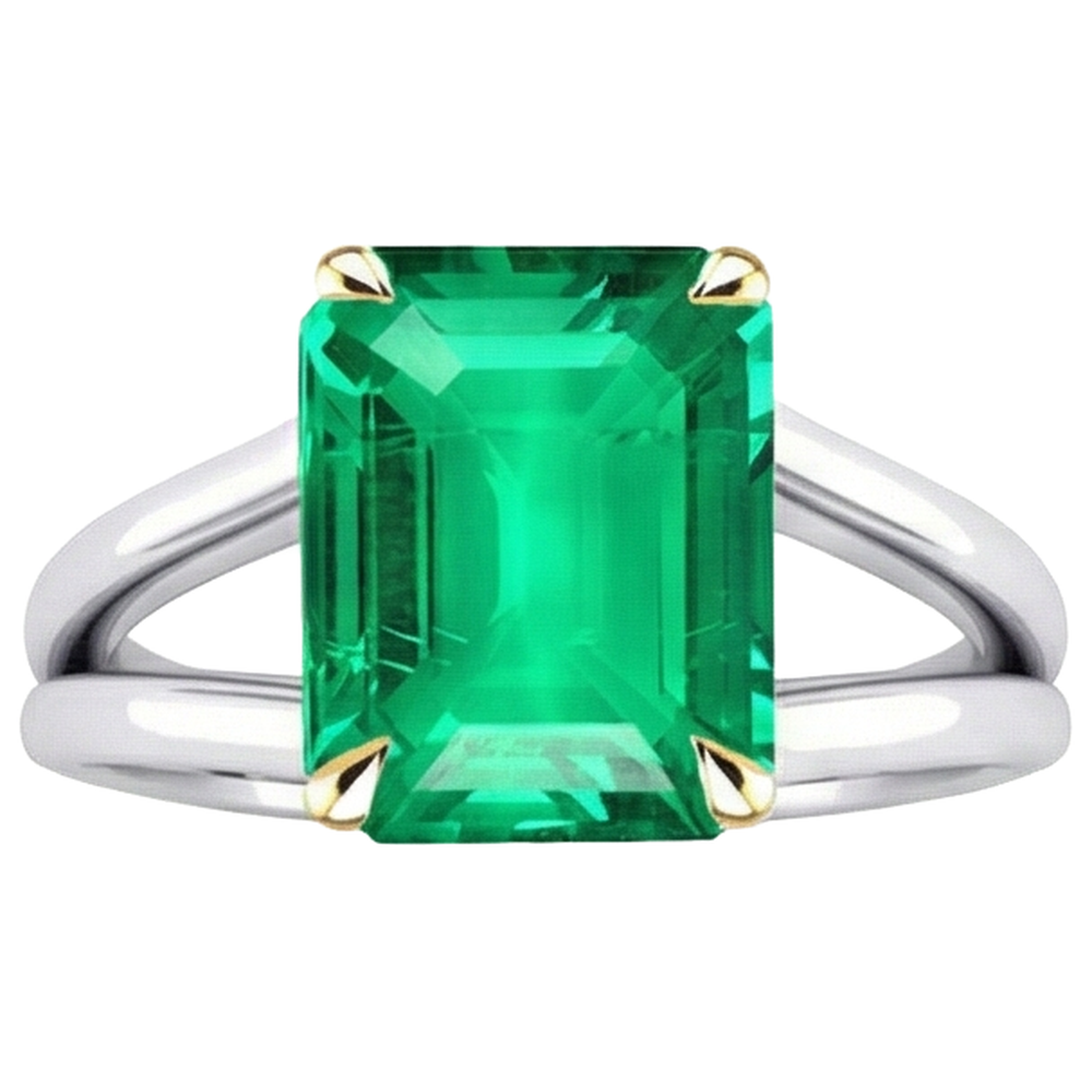 Kolumbianischer Smaragd Treppen-Schliff Farbstein-Ring in 14 Karat Zweifarbig Gold – Schrägansicht