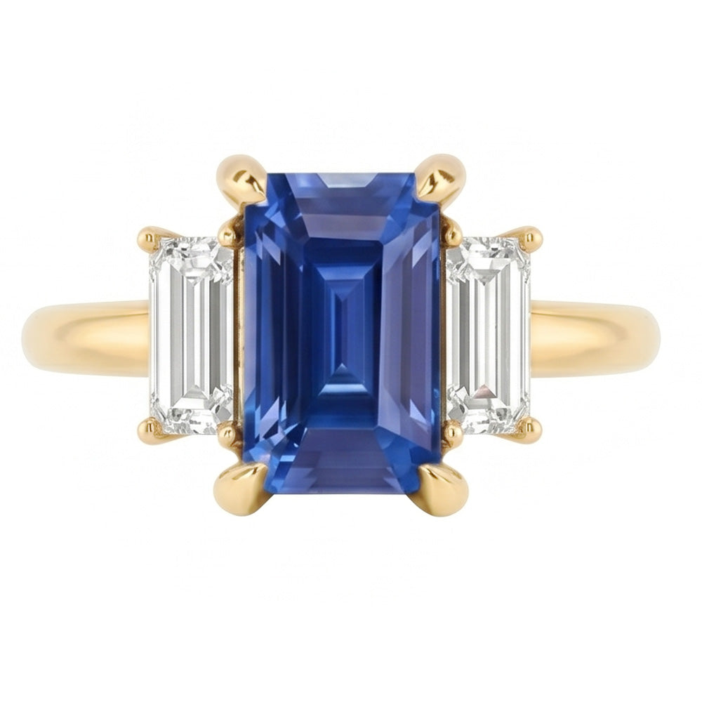 Verlobungsring 3 Karat Blauer Saphir Smaragd & Baguette Schliff