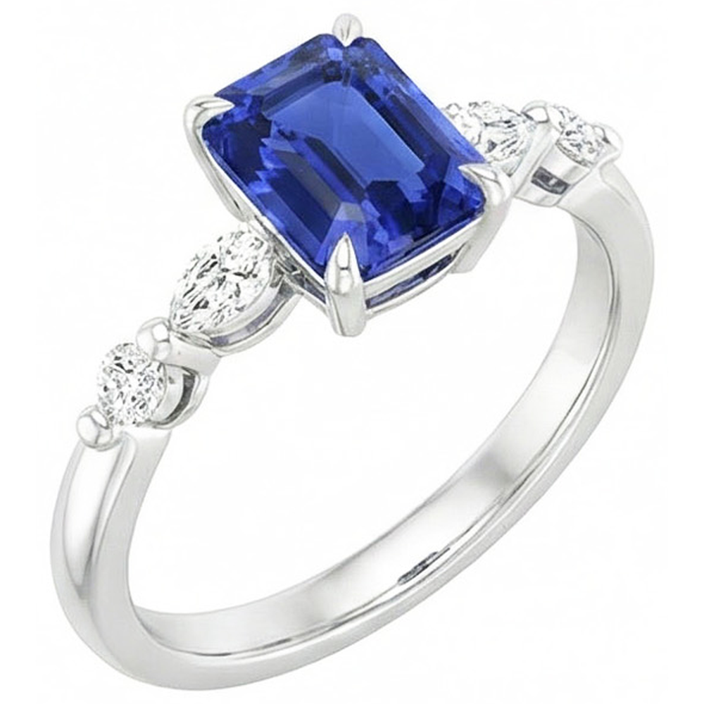 Verlobungsring 5 Steine Strahlender Ceylon Saphir & Diamant 4 Karat