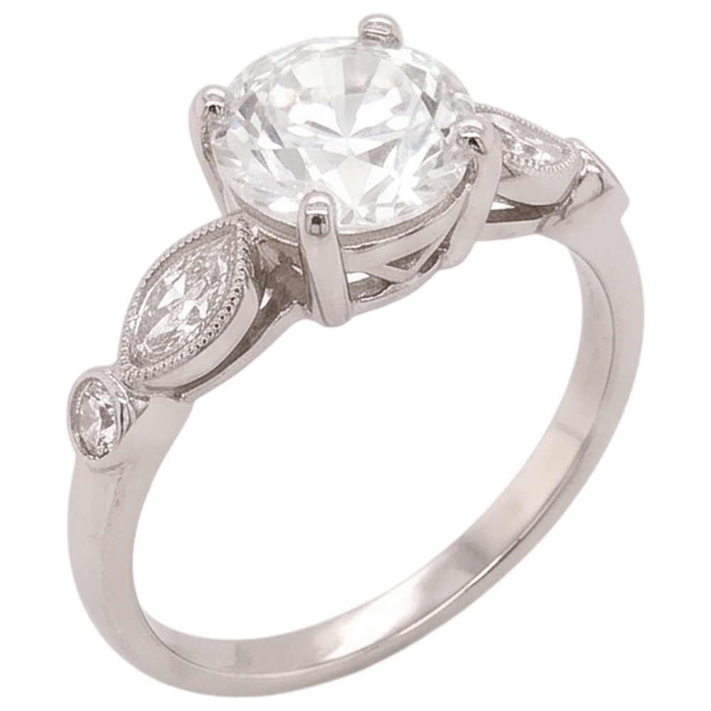 Verlobungsring Echt Diamant 2,25 Karat Akzentuiert Rund & Marquise Schliff