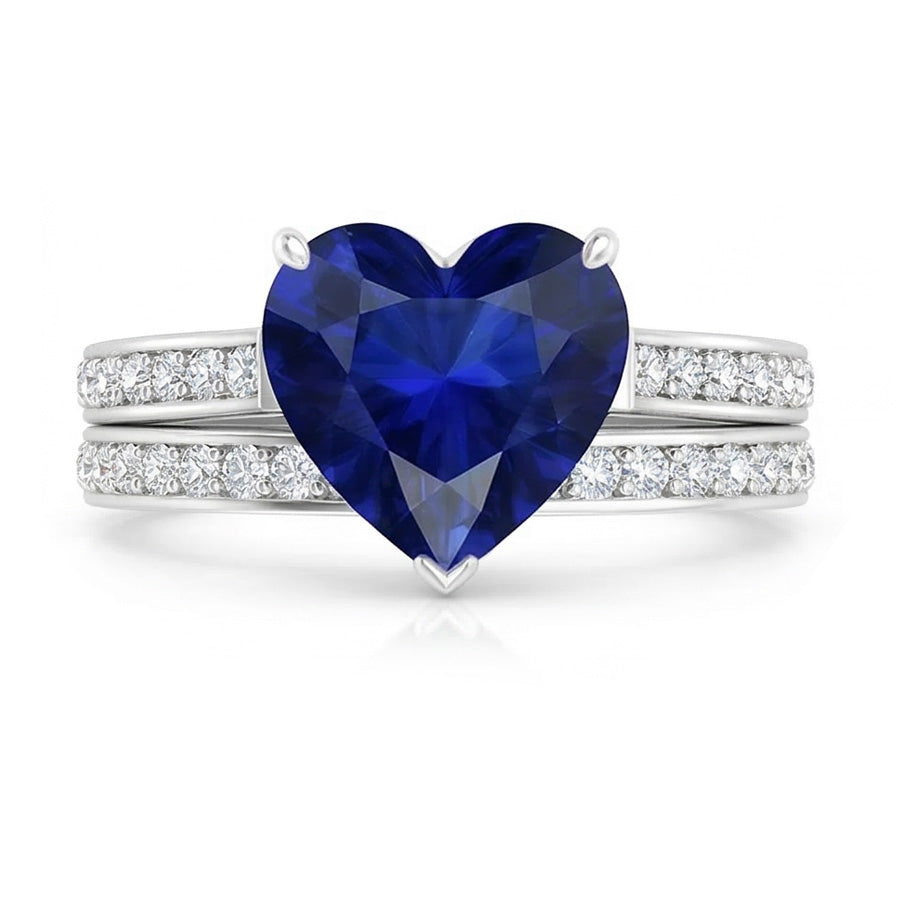 Verlobungsring-Set mit rundem Natürlicher Diamant ( nicht im Labor gezüchtet ), blauem Saphir und Band 4 Karat
