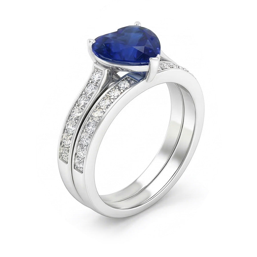 Verlobungsring-Set mit rundem Natürlicher Diamant ( nicht im Labor gezüchtet ), blauem Saphir und Band 4 Karat