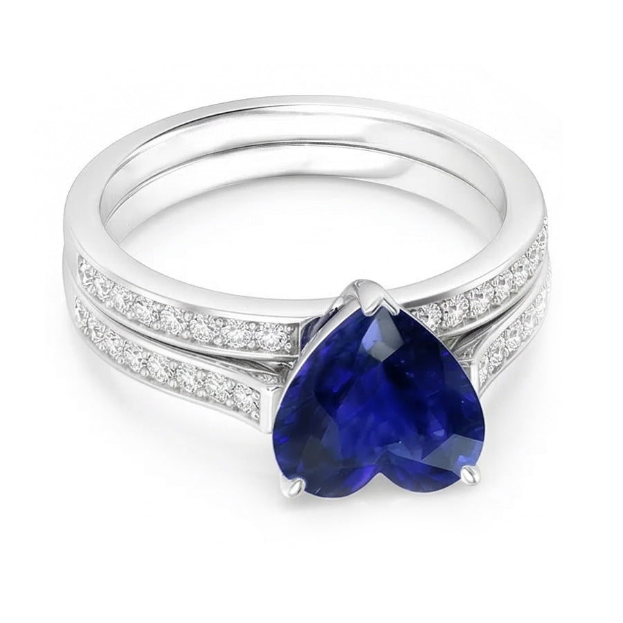 Verlobungsring-Set mit rundem Natürlicher Diamant ( nicht im Labor gezüchtet ), blauem Saphir und Band 4 Karat