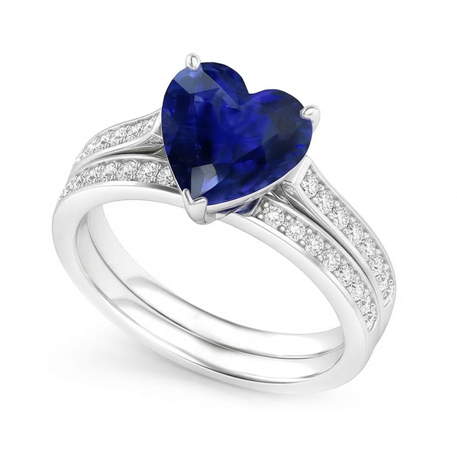 Verlobungsring-Set mit rundem Natürlicher Diamant ( nicht im Labor gezüchtet ), blauem Saphir und Band 4 Karat