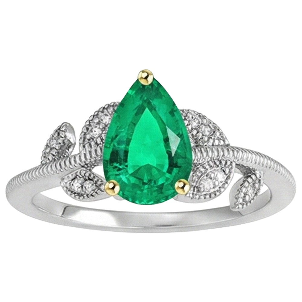 Edler Smaragd Tropfen-Schliff Farbstein-Ring in Bicolor 14K Gold – Seitenansicht