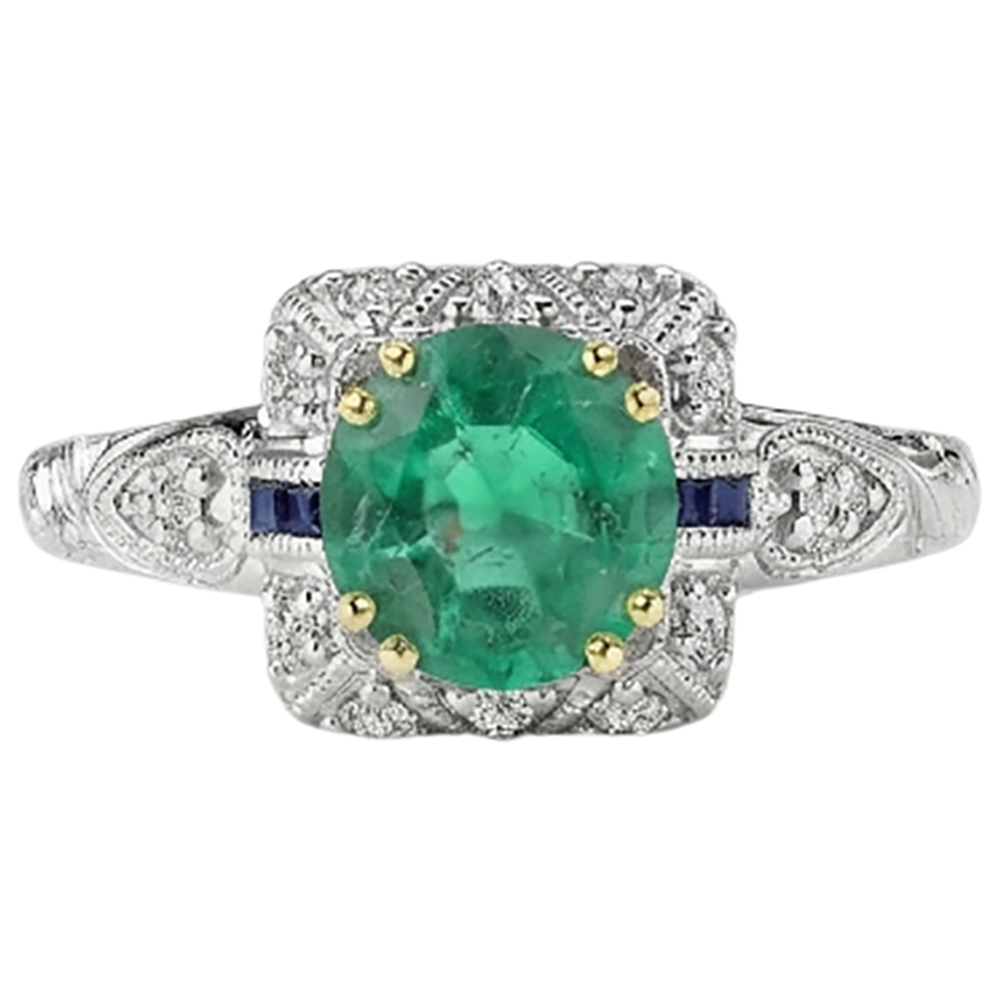 Rund-Brillant Edler Smaragd Ring in Zweifarbiges 14K Gold – Frontansicht