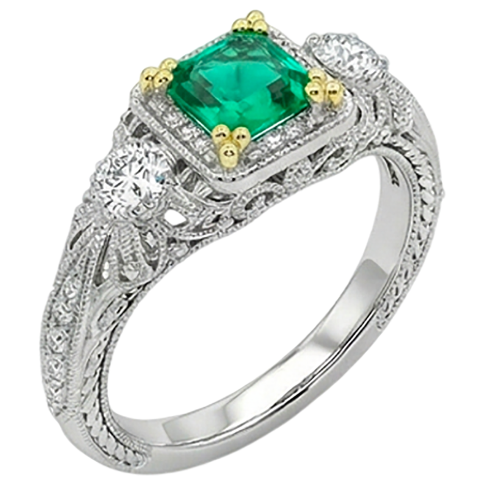Edler Smaragd Asscher-Schliff Schmuckstein-Ring in Bicolor 14K Gold – Frontansicht