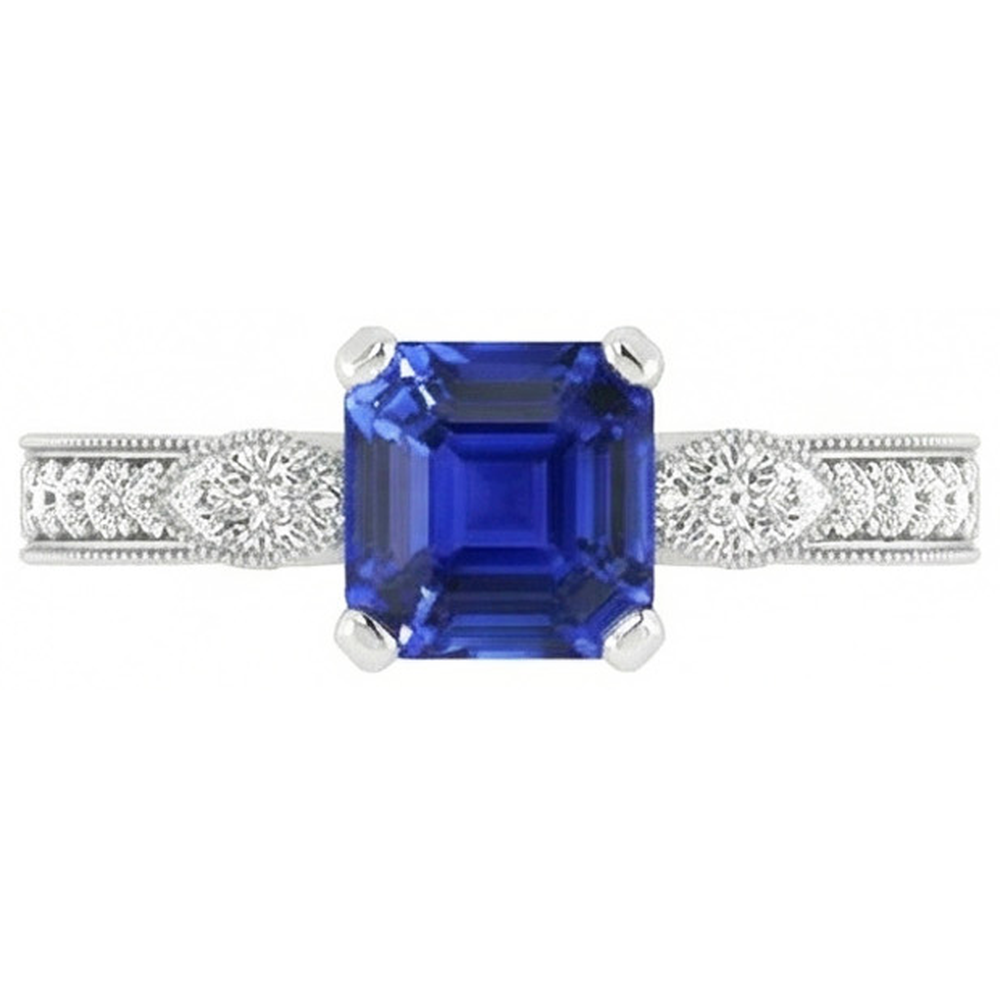 Vintage-Stil Edelsteinring Asscher Blauer Saphir mit Akzenten 3 Karat
