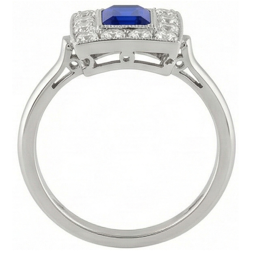 Vintage Stil Halo Ring Smaragdförmiger Saphir 2 Karat Gold Milgrain