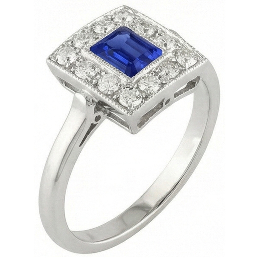 Vintage Stil Halo Ring Smaragdförmiger Saphir 2 Karat Gold Milgrain