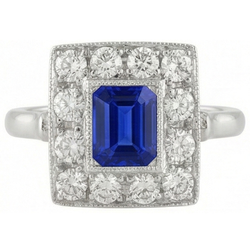Vintage Stil Halo Ring Smaragdförmiger Saphir 2 Karat Gold Milgrain
