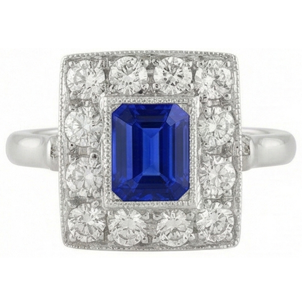 Vintage Stil Halo Ring Smaragdförmiger Saphir 2 Karat Gold Milgrain