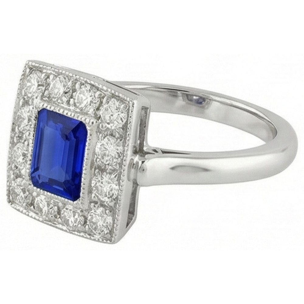 Vintage Stil Halo Ring Smaragdförmiger Saphir 2 Karat Gold Milgrain