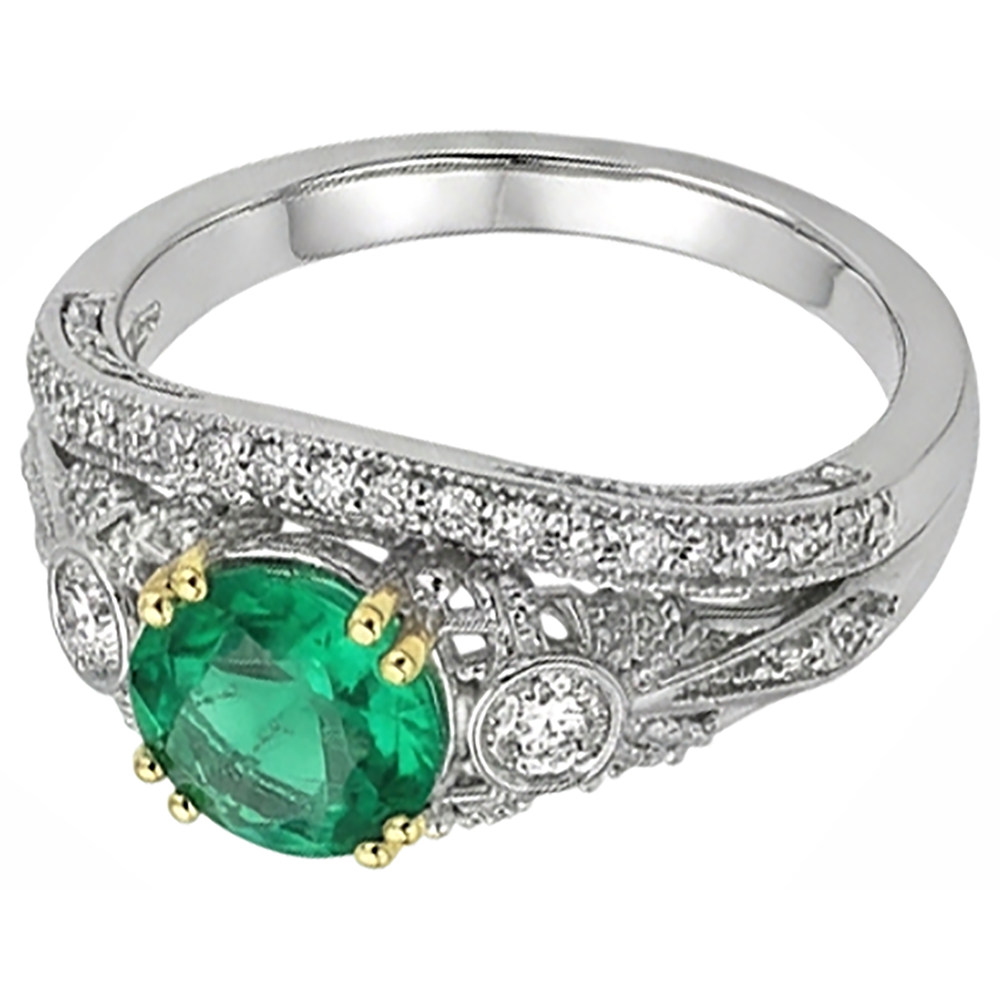 Rund-Brillant Edler Smaragd Ring in Zweifarbiges 14K Gold – Schrägansicht