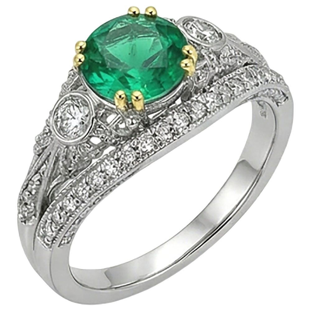 Edler Smaragd Rund-Brillant Schmuckstein-Ring in Zweifarbiges 14K Gold – Frontansicht