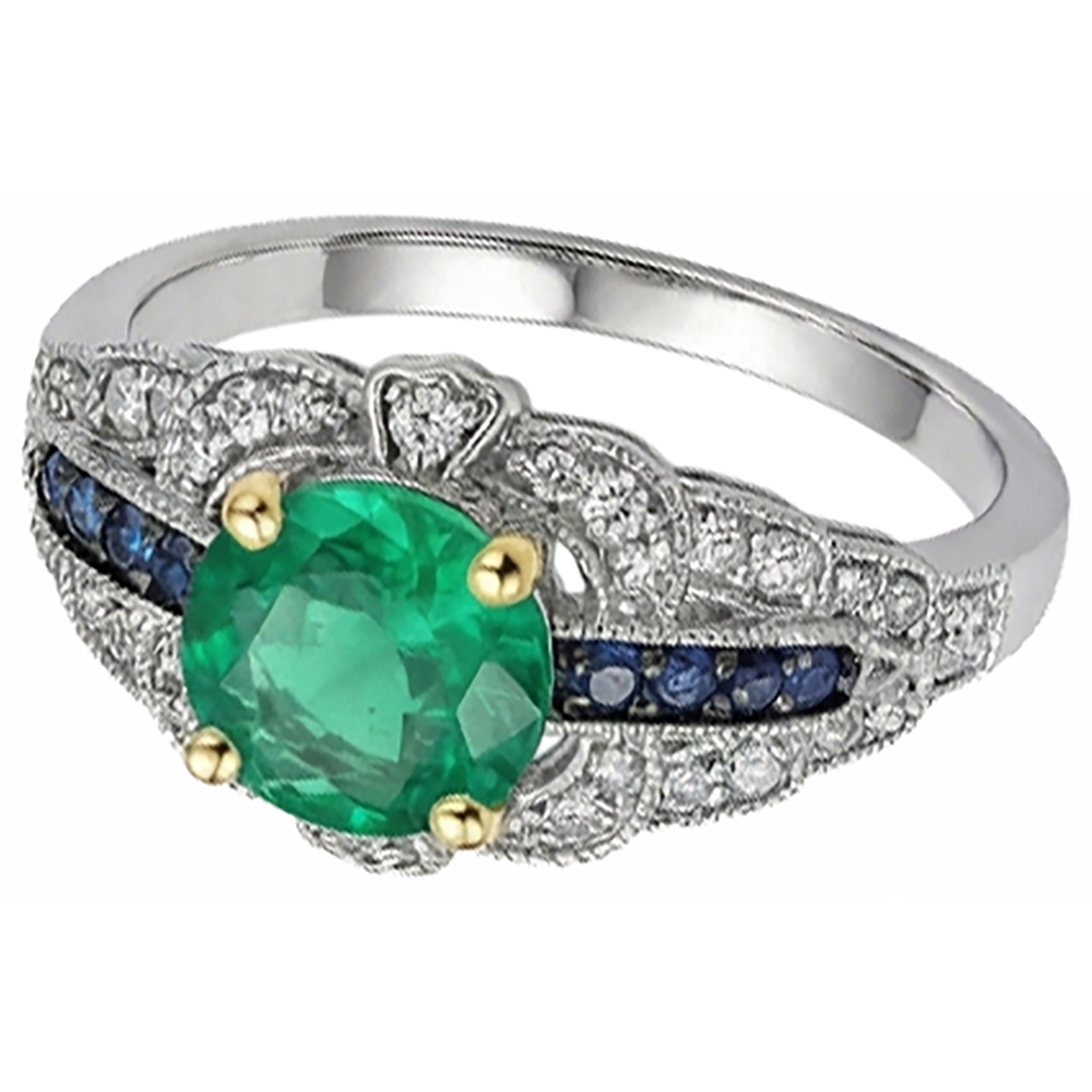 Brillantschliff Kolumbianischer Smaragd Ring in 14K – Frontansicht