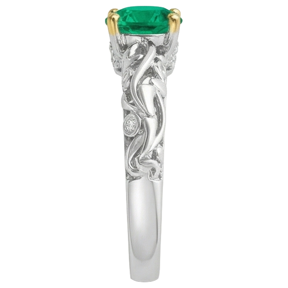 Edler Smaragd Rund-Brillant Farbstein-Ring in Zweifarbiges 14K Gold – Profilansicht