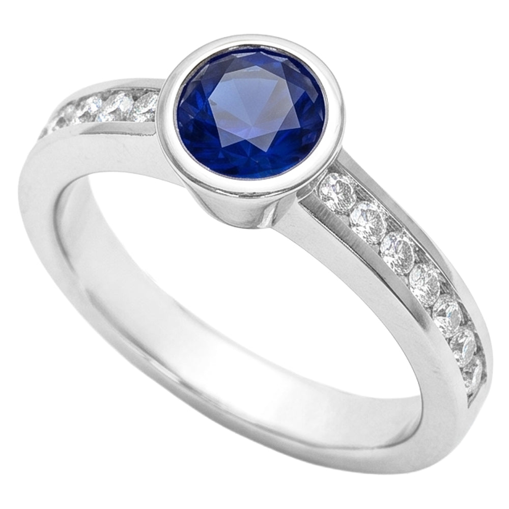 Weißgold Diamantring 2 Karat Runde Lünette Set Blauer Saphir Edelstein
