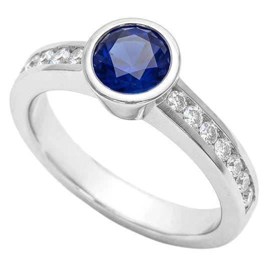 Weißgold Diamantring 2 Karat Runde Lünette Set Blauer Saphir Edelstein