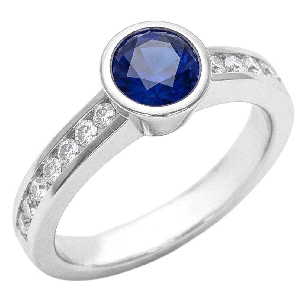 Weißgold Diamantring 2 Karat Runde Lünette Set Blauer Saphir Edelstein