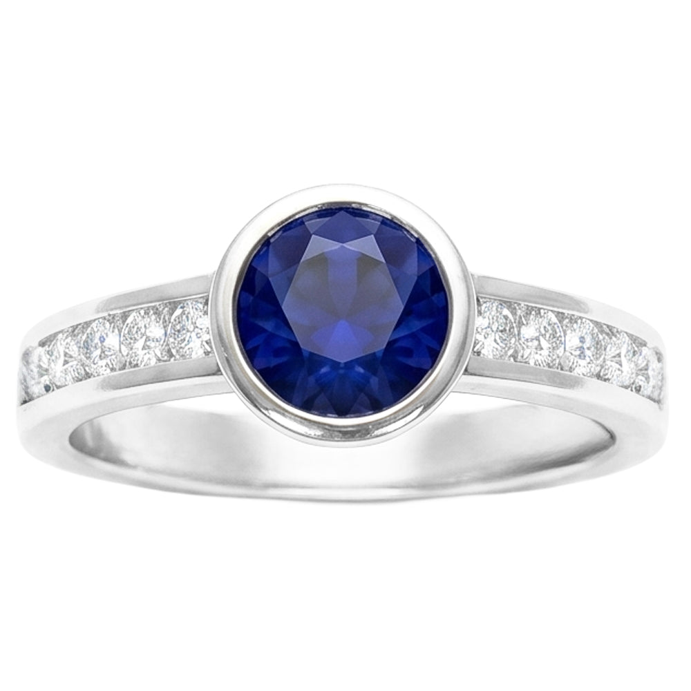 Weißgold Diamantring 2 Karat Runde Lünette Set Blauer Saphir Edelstein