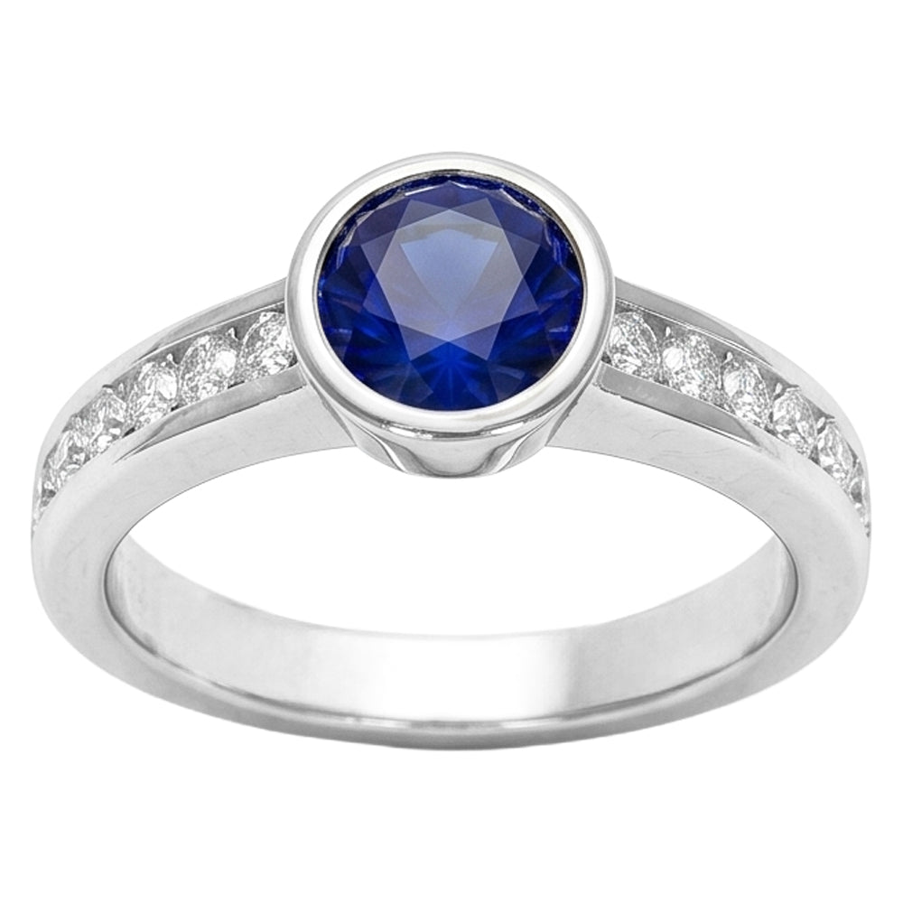 Weißgold Diamantring 2 Karat Runde Lünette Set Blauer Saphir Edelstein