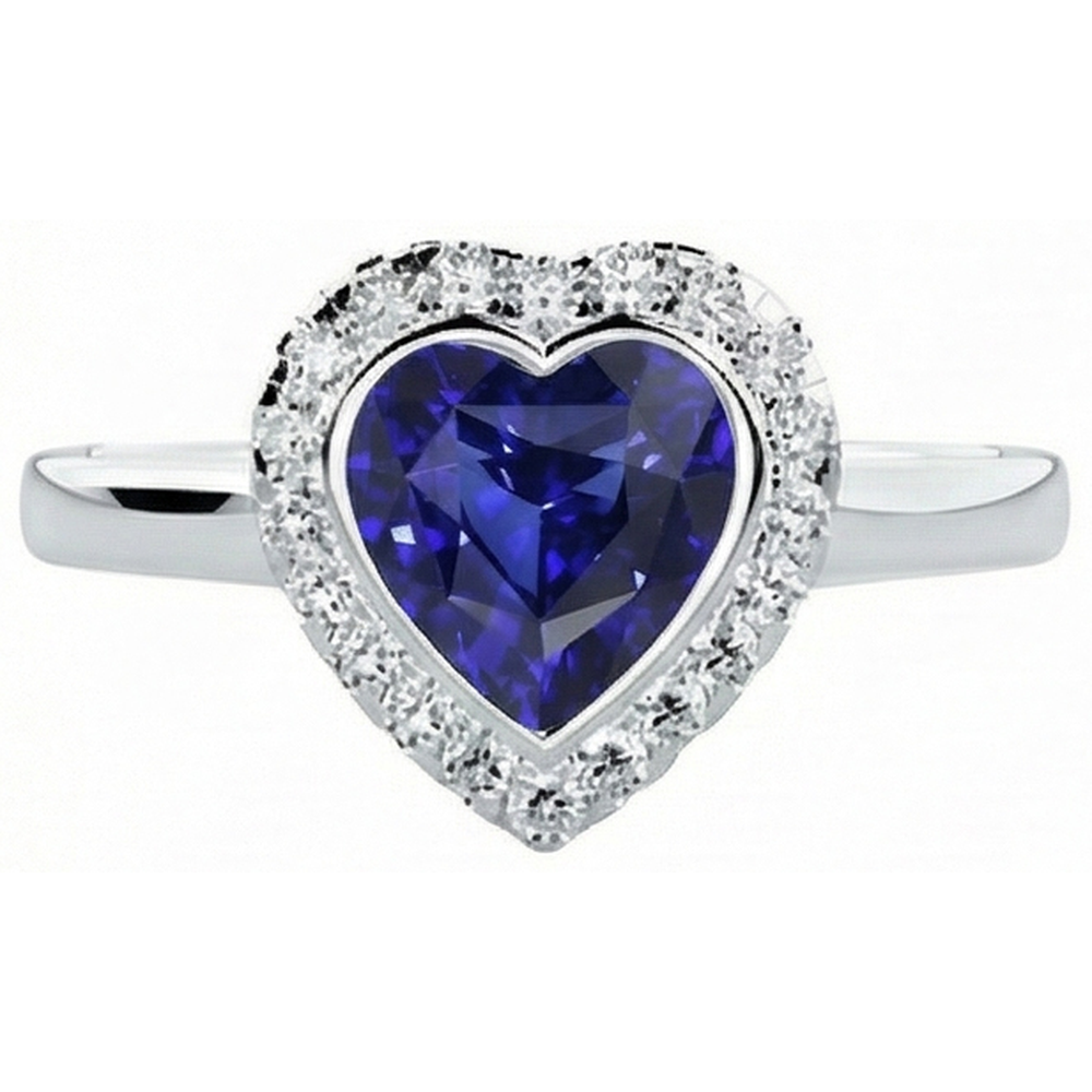 Weißgold Halo Ring Herz Tiefblauer Saphir Schmuck 4 Karat