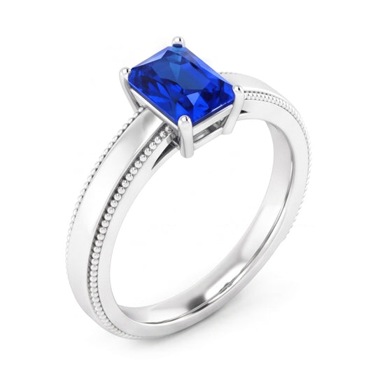 Weißgold-Herrenring Solitär Ceylon-Saphir 1,50 ct Milgrain-Schaft