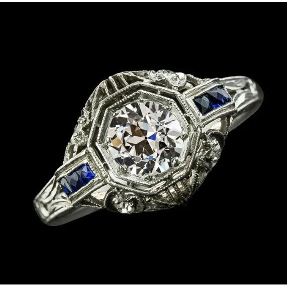 Wie Edwardian Jewelry Natürliche Diamond Old Miner Ring Princess Blue Sapphire