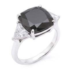 Schwarzer Damen-Verlobungsring 3,6 Karat Echter Diamant im Kissenschliff Trilliant Drei-Stein 14 Karat Weißgold