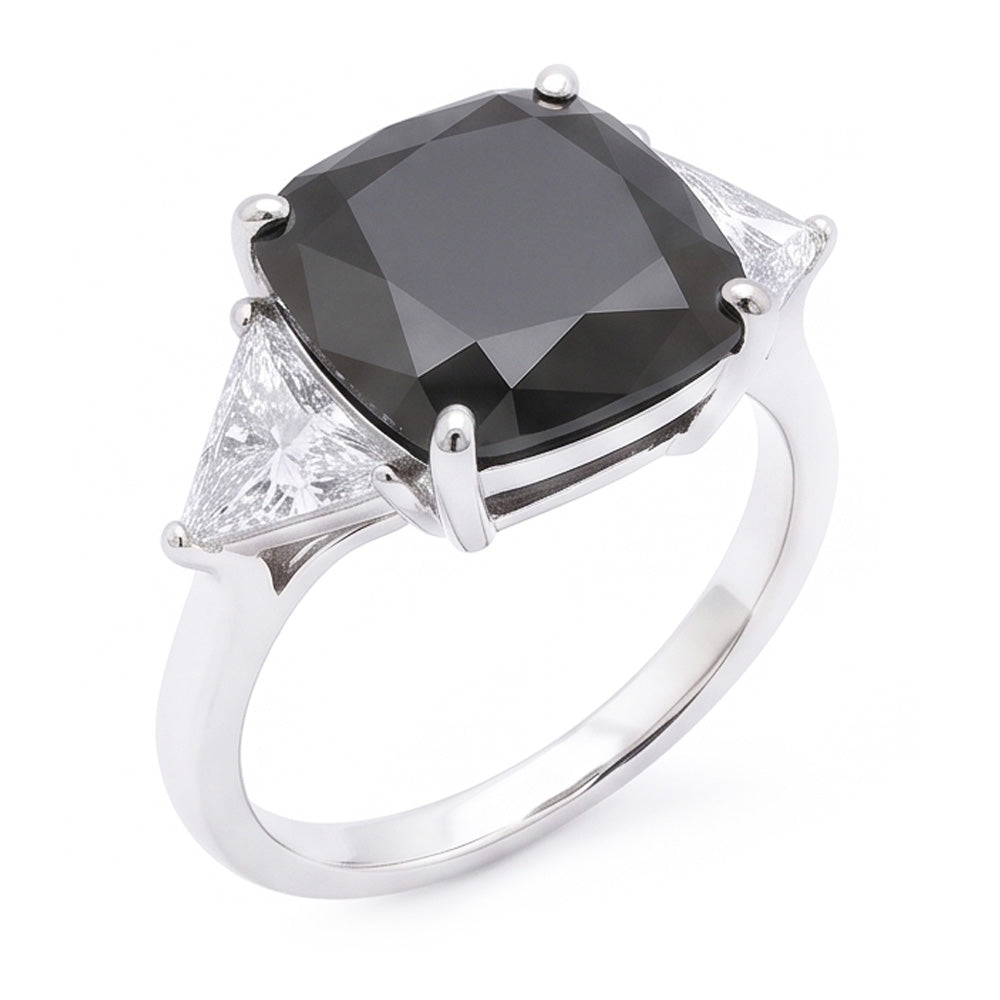 Schwarzer Damen-Verlobungsring 3,6 Karat Echter Diamant im Kissenschliff Trilliant Drei-Stein 14 Karat Weißgold